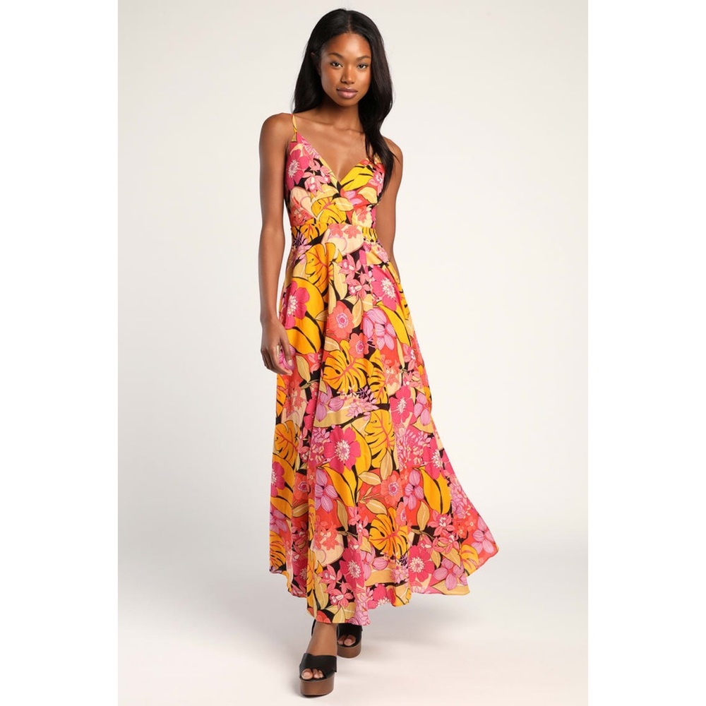 Lulu's Pink & Yellow Floral Maxi Dress
